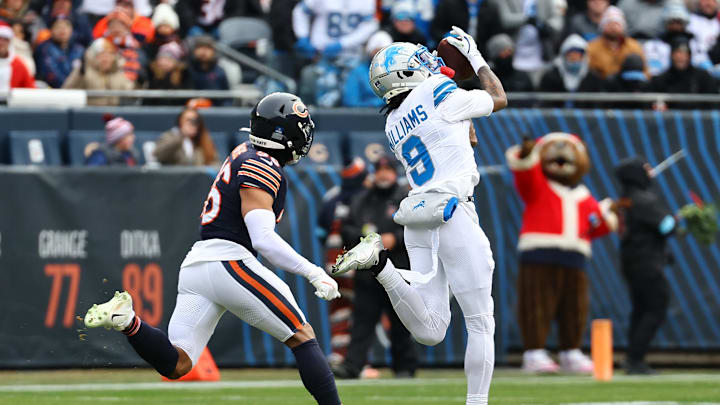 Detroit Lions wide receiver Jameson Williams (9) scores a highlight touchdown against Chicago Bears Detroit Lions wide receiver Jameson Williams (9) scores a highlight touchdown against Chicago Bears