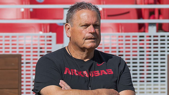 Arkansas Razorbacks coach Sam Pittman watching spring practice at Razorback Stadium in Fayetteville, Ark.