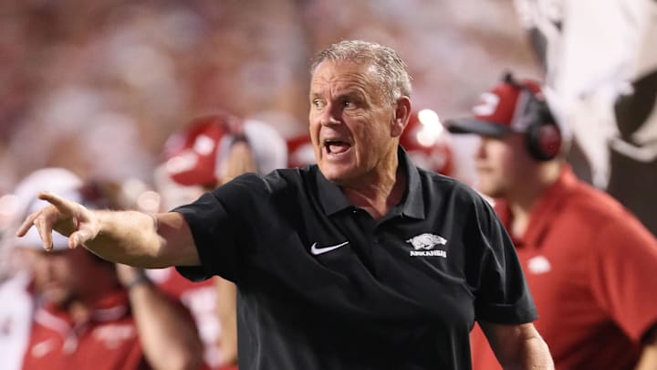 Oct 5, 2024; Fayetteville, Arkansas, USA; Arkansas Razorbacks head coach Sam Pittman during the second half against the Tennessee Volunteers at Donald W. Reynolds Razorback Stadium. Arkansas won 19-14. 