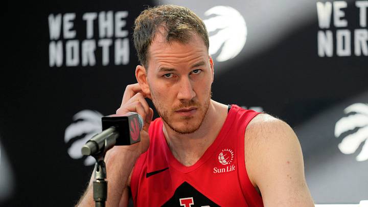 Sep 29, 2025; Toronto, Ontario, Canada; Toronto Raptors center Jakob Poeltl (19) listens to a question during the media day press conference at Hotel X. Mandatory Credit: John E. Sokolowski-Imagn Images Sep 29, 2025; Toronto, Ontario, Canada; Toronto Raptors center Jakob Poeltl (19) listens to a question during the media day press conference at Hotel X. Mandatory Credit: John E. Sokolowski-Imagn Images