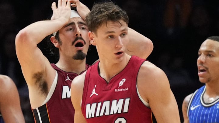 Miami Heat forward Jaime Jaquez Jr. (11) reacts (Mandatory Credit: Jim Rassol-Imagn Images)