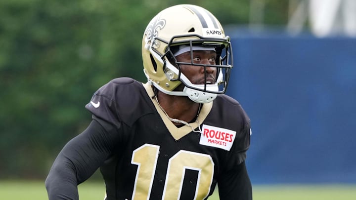 Aug 14, 2025; Carson, CA, USA; New Orleans Saints wide receiver Brandin Cooks (10) during a joint practice Los Angeles Rams at the Dignity Health Sports Park. Mandatory Credit: Kirby Lee-Imagn Images