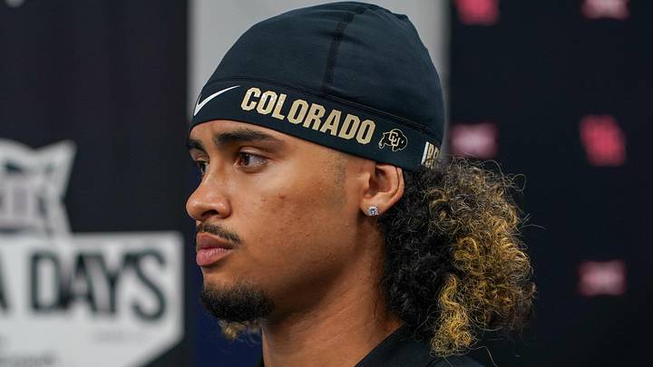 Jul 9, 2025; Frisco, TX, USA; Colorado quarterback Julian Lewis speaks with the media during 2025 Big 12 Football Media Days at The Star. Mandatory Credit: Raymond Carlin III-Imagn Images