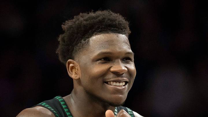 Feb 6, 2026; Minneapolis, Minnesota, USA; Minnesota Timberwolves guard Anthony Edwards (5) smiles against the New Orleans Pelicans in the second half at Target Center. Mandatory Credit: Jesse Johnson-Imagn Images