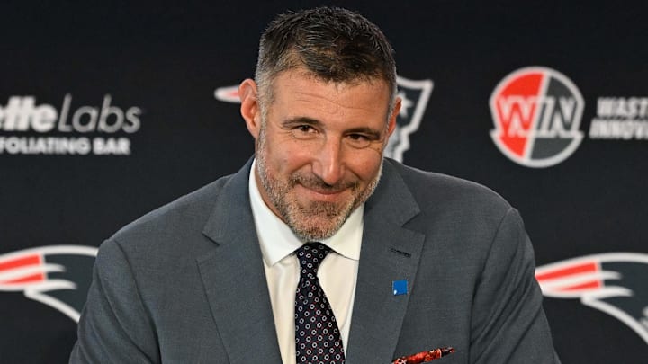 Jan 13, 2025; Foxborough, MA, USA; Mike Vrabel addresses media at a press conference to announce his hiring as the New England Patriots head coach at Gillette Stadium. Mandatory Credit: Eric Canha-Imagn Images