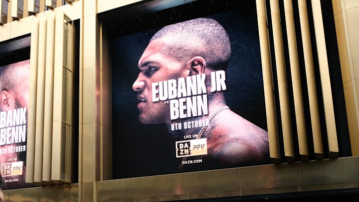 Adverts promoting the recently canceled boxing fight between Chris Eubank Jr. and Conor Benn appear on Charing Cross Road in London. 