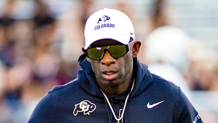 Oct 4, 2025; Fort Worth, Texas, USA; Colorado Buffaloes head coach Deion Sanders on the field during warm ups prior to a game against the TCU Horned Frogs at Amon G. Carter Stadium.