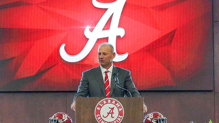 Jan 13, 2024; Tuscaloosa, AL, USA; The University of Alabama introduced new head football coach Kalen DeBoer with a press conference at Bryant-Denny Stadium. DeBoer speaks during the press conference.