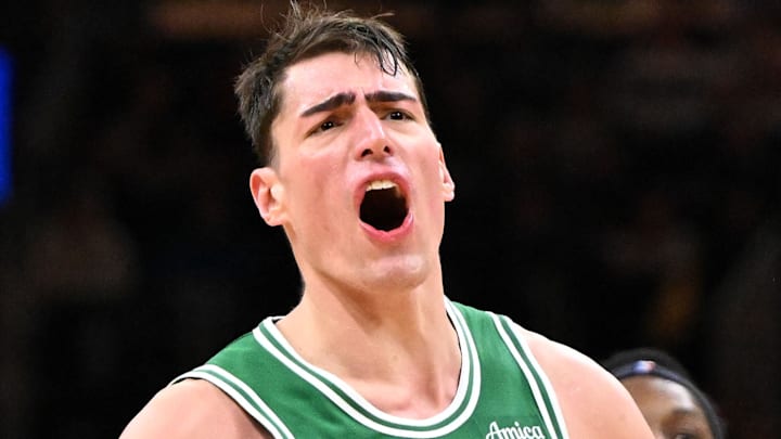Jan 28, 2026; Boston, Massachusetts, USA; Boston Celtics center Luka Garza (52) reacts after missing a basket against the Atlanta Hawks during the second half at the TD Garden. Mandatory Credit: Brian Fluharty-Imagn Images Jan 28, 2026; Boston, Massachusetts, USA; Boston Celtics center Luka Garza (52) reacts after missing a basket against the Atlanta Hawks during the second half at the TD Garden. Mandatory Credit: Brian Fluharty-Imagn Images