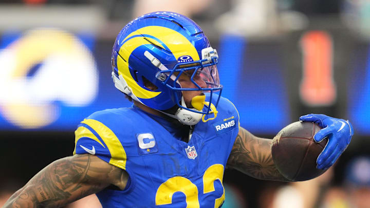 Dec 14, 2025; Inglewood, California, USA; Los Angeles Rams running back Kyren Williams (23) runs for a touchdown during the first quarter against the Detroit Lions at SoFi Stadium. Mandatory Credit: Kirby Lee-Imagn Images Dec 14, 2025; Inglewood, California, USA; Los Angeles Rams running back Kyren Williams (23) runs for a touchdown during the first quarter against the Detroit Lions at SoFi Stadium. Mandatory Credit: Kirby Lee-Imagn Images