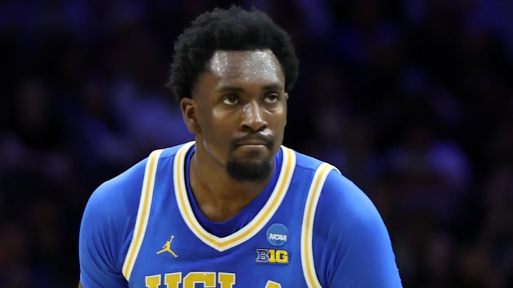 Mar 22, 2026; Philadelphia, PA, USA; UCLA Bruins center Xavier Booker (1) reacts against the UConn Huskies in the first half during a second round game of the men's 2026 NCAA Tournament at Xfinity Mobile Arena. Mandatory Credit: Bill Streicher-Imagn Images
