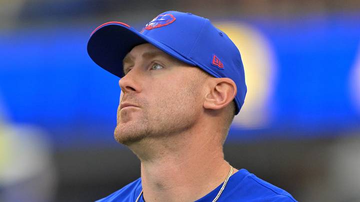 Oct 12, 2026; Inglewood, California, USA;  Buffalo Bills head coach Joe Brady looks on before the game against the Los Angeles Rams at SoFi Stadium.  Mandatory Credit: Jayne Kamin-Oncea-Imagn Images