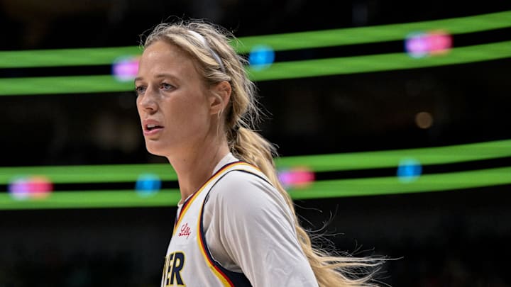 Aug 1, 2025; Dallas, Texas, USA; Indiana Fever guard Sophie Cunningham (8) in action during the game between the Dallas Wings and the Indiana Fever at the American Airlines Center. Mandatory Credit: Jerome Miron-Imagn Images