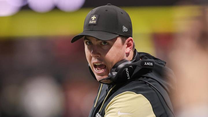 Jan 4, 2026; Atlanta, Georgia, USA; New Orleans Saints head coach Kellen Moore on the sideline against the Atlanta Falcons in the third quarter at Mercedes-Benz Stadium. Mandatory Credit: Brett Davis-Imagn Images