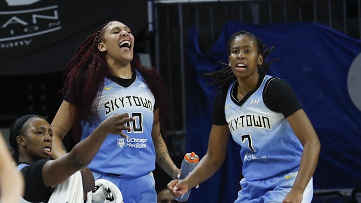 Sep 3, 2025; Chicago, Illinois, USA; Chicago Sky center Kamilla Cardoso (10) celebrates a basket scored by a teammate against the Connecticut Sun during the second half at Wintrust Arena. Mandatory Credit: Kamil Krzaczynski-Imagn Images
