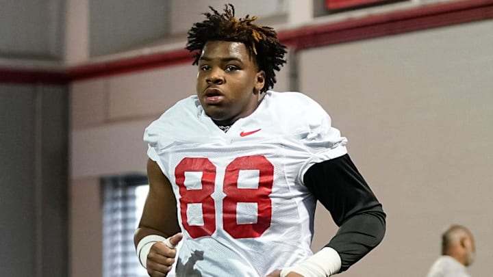 Former Ohio State Buckeyes defensive lineman Trajen Odom (88) runs during spring football practice at the Woody Hayes Athletic Center in Columbus on March 19, 2025.