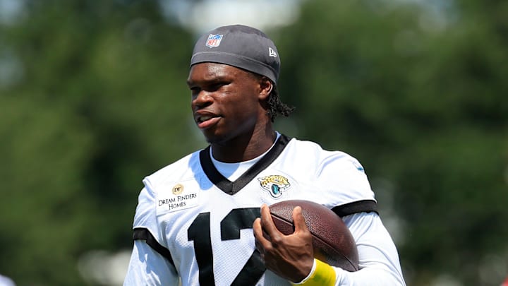 Jacksonville Jaguars wide receiver Travis Hunter (12) looks on during an NFL training camp session at the Miller Electric Center, Friday Aug. 15, 2025 in Jacksonville, Fla. [Corey Perrine/Florida Times-Union]