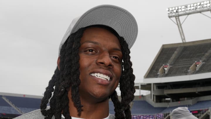 Feb 1, 2025; Orlando, FL, USA; Carolina Panthers cornerback Jaycee Horn (8) during NFC Practice for the Pro Bowl Games at Camping World Stadium. Mandatory Credit: Kirby Lee-Imagn Images