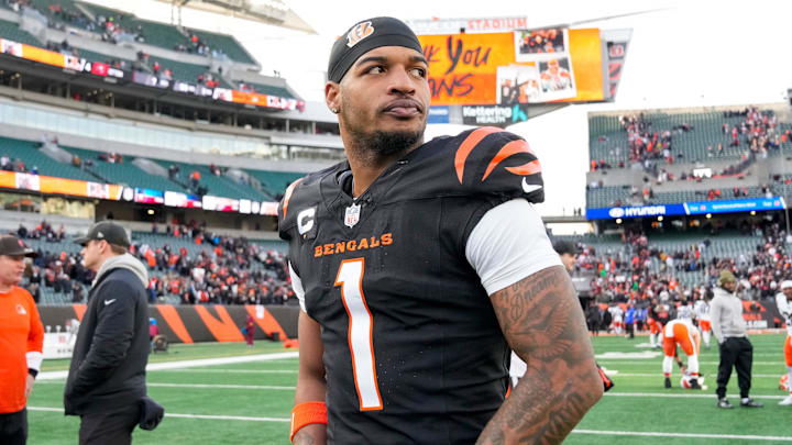 Cincinnati Bengals wide receiver Ja'marr Chase (1) walks for the locker room after the fourth quarter of the NFL Week 18 game between the Cincinnati Bengals and the Cleveland Browns at Paycor Stadium in Downtown Cincinnati on Sunday, Jan. 4, 2026. The Browns kicked a last second field goal to win 20-18. Cincinnati Bengals wide receiver Ja'marr Chase (1) walks for the locker room after the fourth quarter of the NFL Week 18 game between the Cincinnati Bengals and the Cleveland Browns at Paycor Stadium in Downtown Cincinnati on Sunday, Jan. 4, 2026. The Browns kicked a last second field goal to win 20-18.