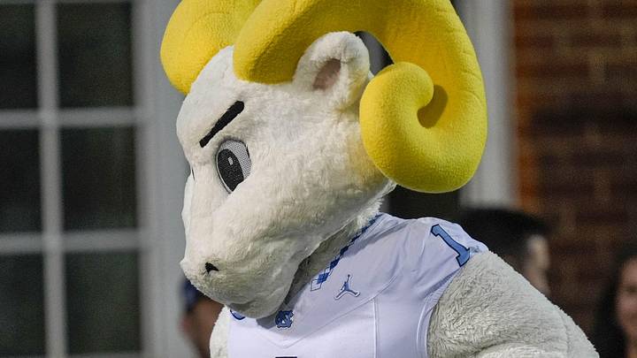 Sep 6, 2025; Charlotte, North Carolina, USA;  North Carolina Tar Heels mascot Ramses during the first quarter against the Charlotte 49ers at Jerry Richardson Stadium. Mandatory Credit: Jim Dedmon-Imagn Images