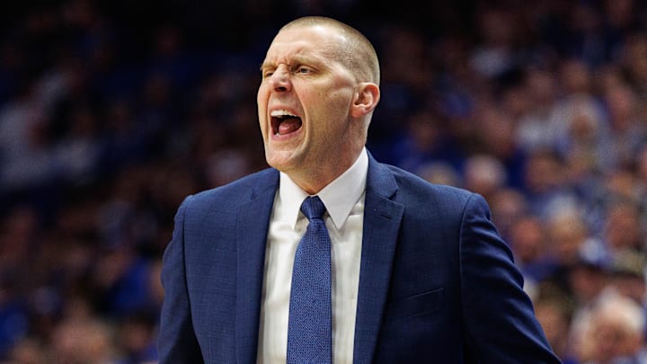 Mar 4, 2025; Lexington, Kentucky, USA; Kentucky Wildcats head coach Mark Pope yells to his players during the first half against the LSU Tigers at Rupp Arena at Central Bank Center. Mandatory Credit: Jordan Prather-Imagn Images