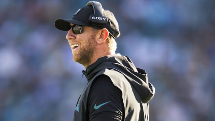 Nov 16, 2025; Jacksonville, Florida, USA; Jacksonville Jaguars head coach Liam Coen reacts to a play against the Los Angeles Chargers d31 at EverBank Stadium. Mandatory Credit: Morgan Tencza-Imagn Images