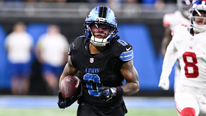 Nov 23, 2025; Detroit, Michigan, USA; Detroit Lions running back Jahmyr Gibbs (0) runs the ball for a touchdown in over time against the New York Giants at Ford Field. Mandatory Credit: Lon Horwedel-Imagn Images Nov 23, 2025; Detroit, Michigan, USA; Detroit Lions running back Jahmyr Gibbs (0) runs the ball for a touchdown in over time against the New York Giants at Ford Field. Mandatory Credit: Lon Horwedel-Imagn Images