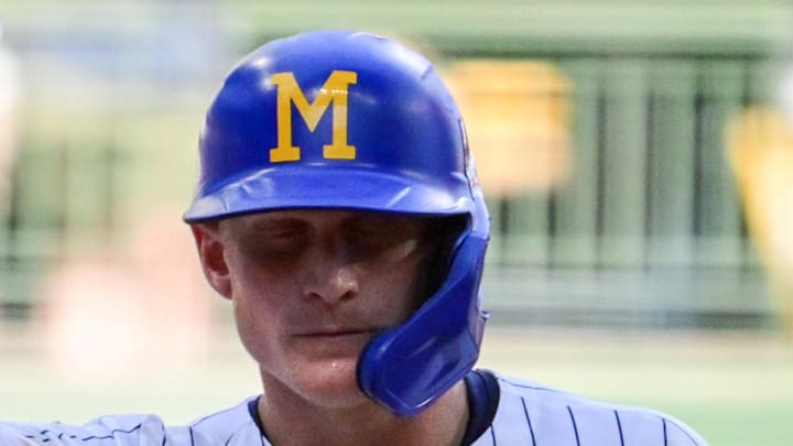 Milwaukee Brewers first baseman Andrew Vaughn (28) reacts after hitting a double to drive in a run in the eighth inning against the Miami Marlins at American Family Field on July 27. Milwaukee Brewers first baseman Andrew Vaughn (28) reacts after hitting a double to drive in a run in the eighth inning against the Miami Marlins at American Family Field on July 27.