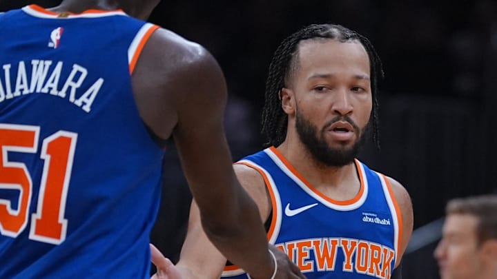 Feb 8, 2026; Boston, Massachusetts, USA; New York Knicks guard Jalen Brunson (11) reacts after his three point basket with forward Mohamed Diawara (51) as they take on the Boston Celtics in the second half at TD Garden. Mandatory Credit: David Butler II-Imagn Images