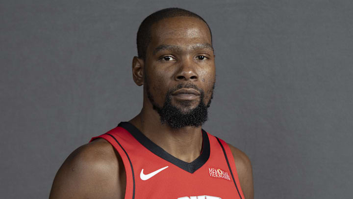 Sep 29, 2025; Houston, TX, USA;  Houston Rockets forward Kevin Durant (7) poses for a picture during Houston Rockets media day at Toyota Center. Mandatory Credit: Troy Taormina-Imagn Images