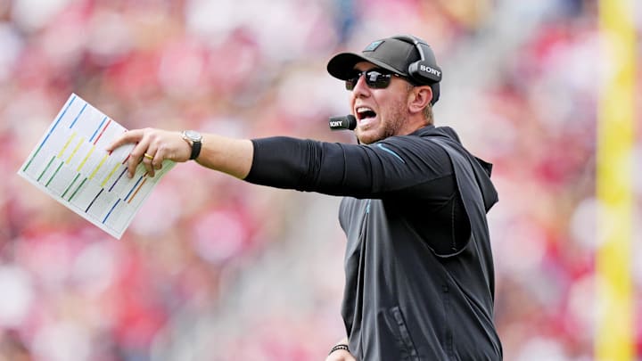 Sep 28, 2025; Santa Clara, California, USA; Jacksonville Jaguars head coach Liam Coen reacts from the sidelines during the second half against the San Francisco 49ers at Levi's Stadium. Mandatory Credit: Kyle Terada-Imagn Images