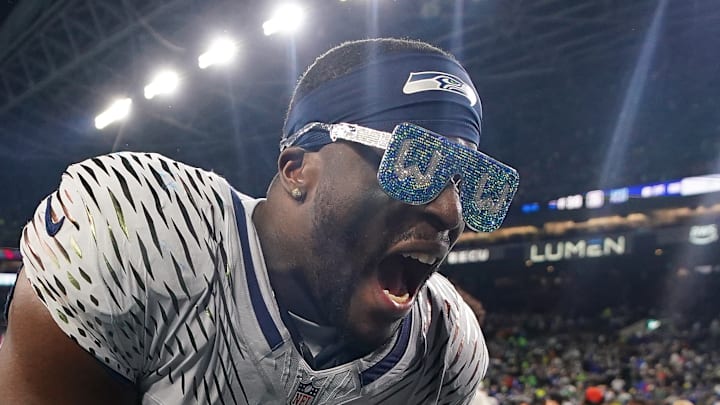 Derick Hall of the Seattle Seahawks yells