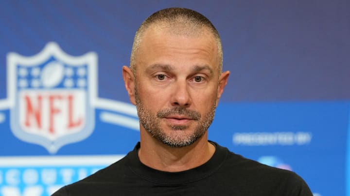 Feb 24, 2026; Indianapolis, IN, USA; Las Vegas Raiders general manager John Spytek speaks at the NFL Scouting Combine at the Indiana Convention Center. Mandatory Credit: Kirby Lee-Imagn Images
