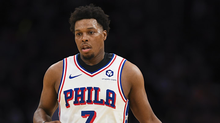 Nov 8, 2024; Los Angeles, California, USA; Philadelphia 76ers guard Kyle Lowry (7) dribbles against the Los Angeles Lakers during the first half at Crypto.com Arena. Mandatory Credit: Jonathan Hui-Imagn Images