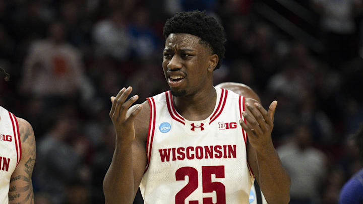 Mar 19, 2026; Portland, OR, USA; Wisconsin Badgers guard Braeden Carrington (0) and guard John Blackwell (25) react during the second half of a first round game of the men's 2026 NCAA Tournament against the High Point Panthers at Moda Center. Mandatory Credit: Troy Wayrynen-Imagn Images Mar 19, 2026; Portland, OR, USA; Wisconsin Badgers guard Braeden Carrington (0) and guard John Blackwell (25) react during the second half of a first round game of the men's 2026 NCAA Tournament against the High Point Panthers at Moda Center. Mandatory Credit: Troy Wayrynen-Imagn Images