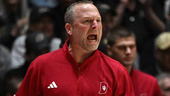Feb 20, 2026; West Lafayette, Indiana, USA; Indiana Hoosiers head coach Darian Devries reacts to a call during the first half against the Purdue Boilermakers at Mackey Arena. Feb 20, 2026; West Lafayette, Indiana, USA; Indiana Hoosiers head coach Darian Devries reacts to a call during the first half against the Purdue Boilermakers at Mackey Arena.