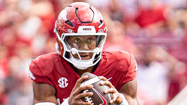 Arkansas Razorbacks quarterback Taylen Green looks upfield after taking a snap from center against the UAB Blazers at Razorback Stadium in Fayetteville, Ark.