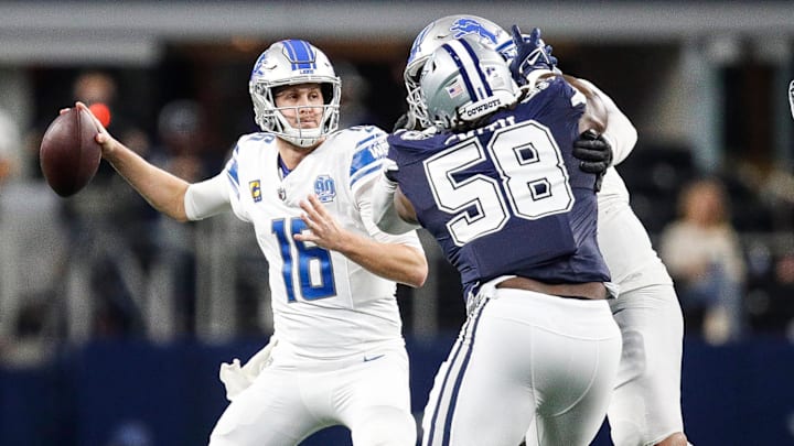 Lions quarterback Jared Goff makes a pass against Dallas Cowboys