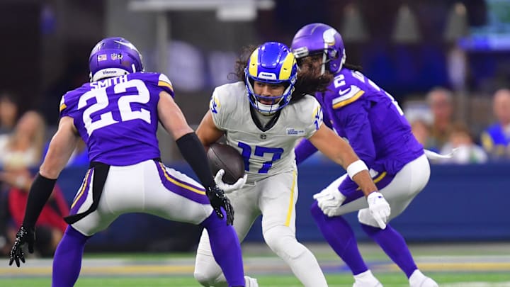 Oct 24, 2024; Inglewood, California, USA;  Los Angeles Rams wide receiver Puka Nacua (17) runs the ball against against the Minnesota Vikings during the first half at SoFi Stadium.