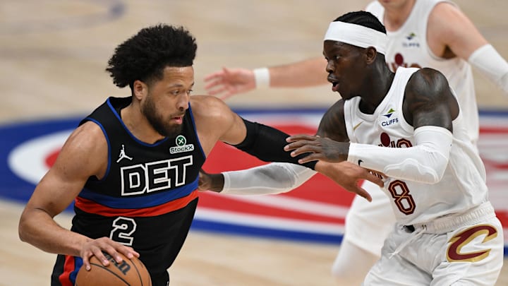 Feb 27, 2026; Detroit, Michigan, USA; Detroit Pistons guard Cade Cunningham (2) tries to drive past Cleveland Cavaliers guard Dennis Schroder (8) in the first half at Little Caesars Arena. Mandatory Credit: Lon Horwedel-Imagn Images Feb 27, 2026; Detroit, Michigan, USA; Detroit Pistons guard Cade Cunningham (2) tries to drive past Cleveland Cavaliers guard Dennis Schroder (8) in the first half at Little Caesars Arena. Mandatory Credit: Lon Horwedel-Imagn Images