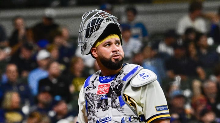 Apr 15, 2026; Milwaukee, Wisconsin, USA; Milwaukee Brewers catcher Gary Sanchez (99) wears a special chest protector to commemorate Jackie Robinson Day against the Toronto Blue Jays at American Family Field. Mandatory Credit: Benny Sieu-Imagn Images