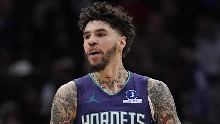 Mar 17, 2026; Charlotte, North Carolina, USA; Charlotte Hornets guard LaMelo Ball (1) reacts to his three point play during the second half against the Miami Heat at Spectrum Center. Mandatory Credit: Jim Dedmon-Imagn Images