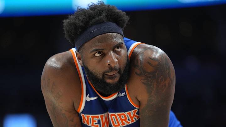 Mar 3, 2026; Toronto, Ontario, CAN; New York Knicks center Mitchell Robinson (23) during a break in the action against the Toronto Raptors during the second half at Scotiabank Arena. Mandatory Credit: John E. Sokolowski-Imagn Images