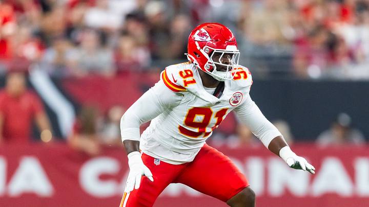 Aug 9, 2025; Glendale, Arizona, USA; Kansas City Chiefs defensive end Felix Anudike-Uzomah (91) against the Arizona Cardinals during a preseason NFL game at State Farm Stadium. Mandatory Credit: Mark J. Rebilas-Imagn Images