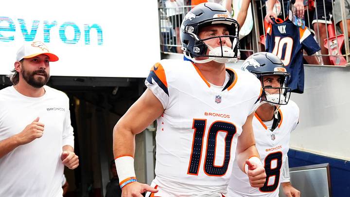 Denver Broncos quarterback Bo Nix (10) and quarterback Jarrett Stidham (8) before the preseason game against the Green Bay Packers at Empower Field at Mile High. Denver Broncos quarterback Bo Nix (10) and quarterback Jarrett Stidham (8) before the preseason game against the Green Bay Packers at Empower Field at Mile High.