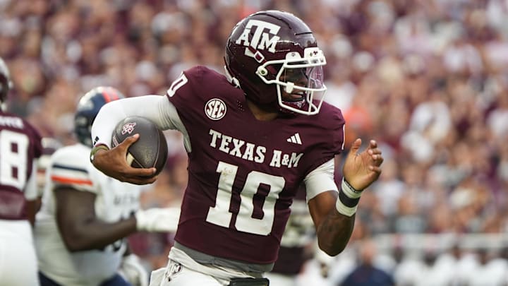 Texas A&M quarterback Marcel Reed (10) and the Aggies are looking to extend their undefeated start to the 2025 college football season against Auburn on Saturday.