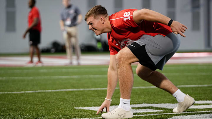Ohio State Buckeyes quarterback Will Howard warms up for his pro day workout in front of NFL scouts at the Woody Hayes Athletic Center on March 26, 2025. Ohio State Buckeyes quarterback Will Howard warms up for his pro day workout in front of NFL scouts at the Woody Hayes Athletic Center on March 26, 2025.
