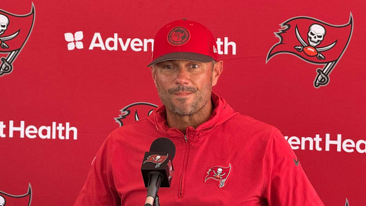 Tampa Bay Buccaneers Assistant GM John Spytek speaks at training camp in 2024. 
