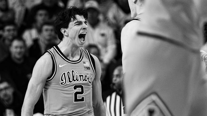 Illinois basketball's Andrej Stojakovic (2) shows emotion during the game against Penn State in The Palestra on Jan. 3, 2026.