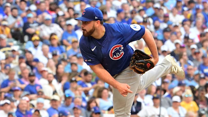 Oct 4, 2025; Milwaukee, Wisconsin, USA; Chicago Cubs pitcher Aaron Civale (38) pitches against the Milwaukee Brewers during the fourth inning of game one of the NLDS round for the 2025 MLB playoffs at American Family Field. Mandatory Credit: Benny Sieu-Imagn Images